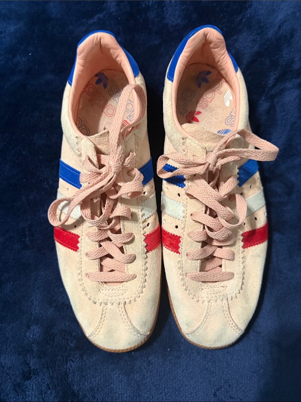 Unique Vintage adidas Light Pink Men’s Sneakers with Blue & Red Stripes RUNS BIG